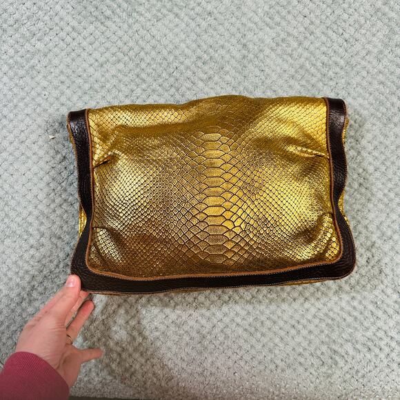 TYLIE MALIBU Gold Croc Brown Leather Suede Hobo Slouchy Oversized Clutch RARE - Picture 3 of 9